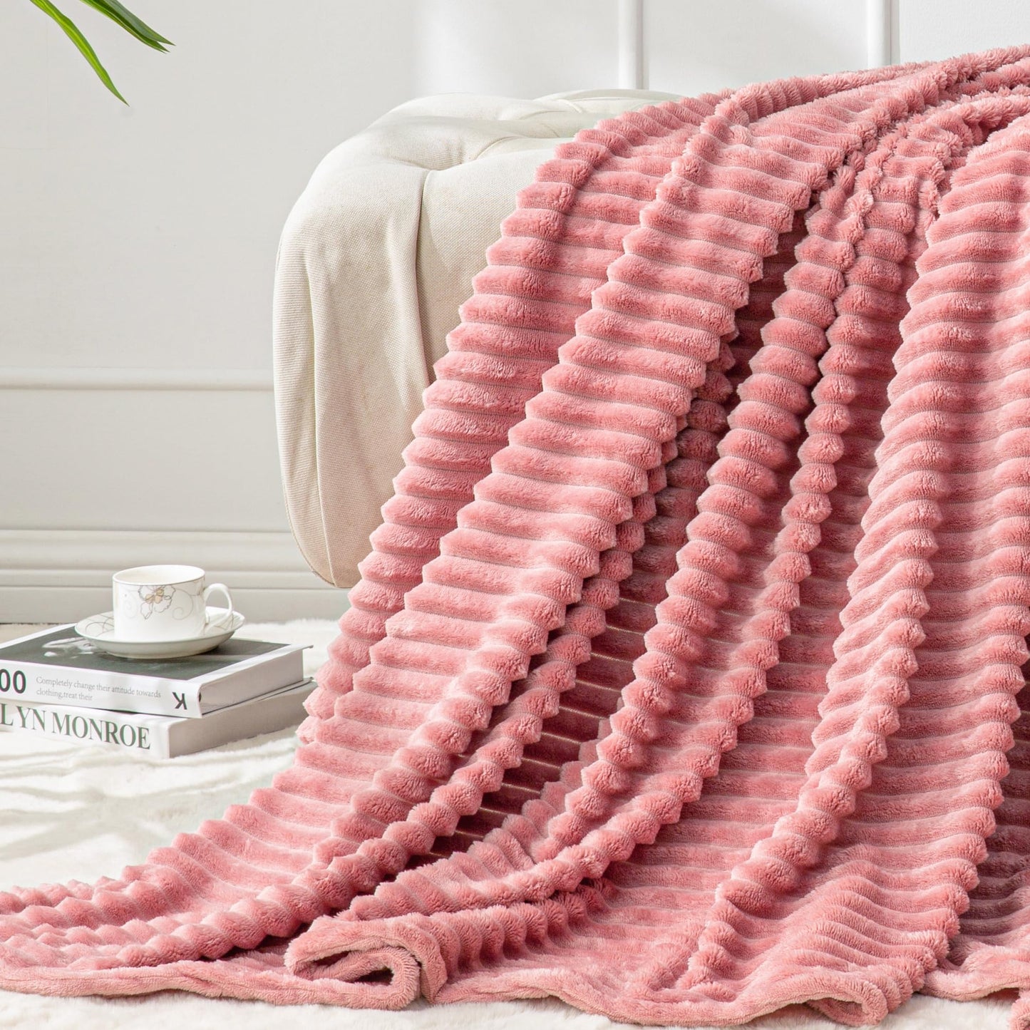 BEDELITE 2 Pieces 3D Ribbed Jacquard Soft and Warm Decorative Fuzzy Blankets, Pink, 50x60IN