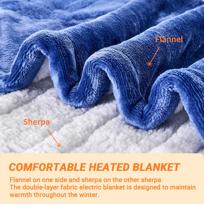 Electric Blanket Heated Throw, Soft Flannel Heating Blanket with 8 Hours Auto Off 10 Fast Heating Levels Machine Washable Sherpa Heated Blanket with Overheating Protection