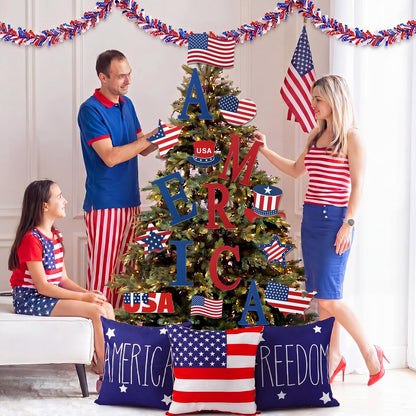 HunnmingRe Large 4th of July Christmas Tree Decor Set with Light & Pillow Cover Patriotic Ornament Red White and Blue Topper America Star Letter Pick for Independence Day 250th Anniversary Home Decor