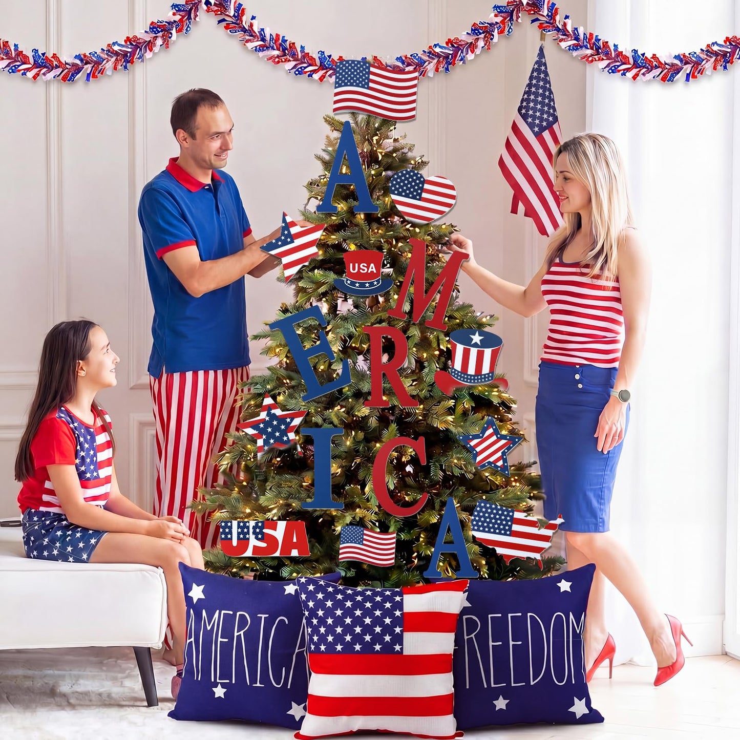 HunnmingRe Large 4th of July Christmas Tree Decor Set with Light & Pillow Cover Patriotic Ornament Red White and Blue Topper America Star Letter Pick for Independence Day 250th Anniversary Home Decor