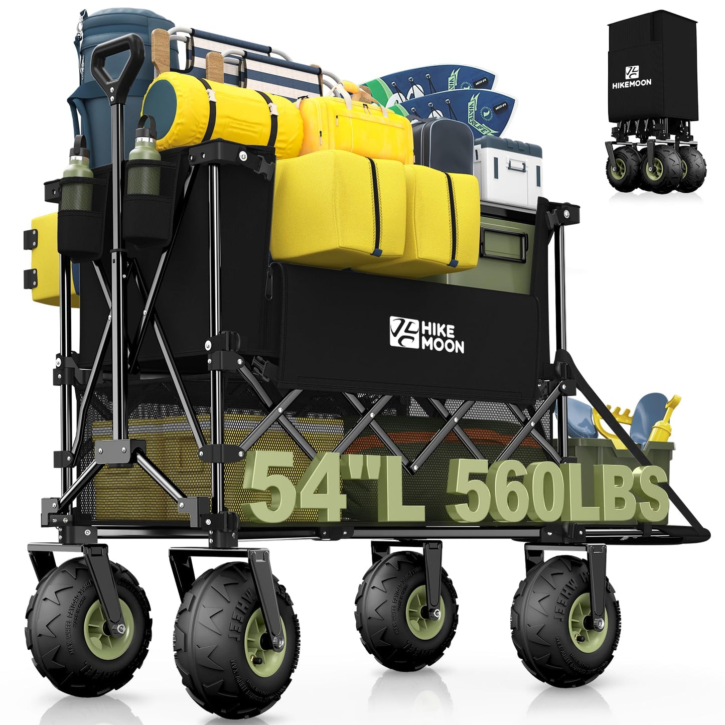 Hikemoon Double Decker Beach Wagon with 10" Big Balloon Wheels for Sand, 54'' Extra Long 560LBS Heavy Duty Wagons Carts Foldable, 400L Large All-Terrain Collapsible Folding Cart for Outdoors, Black
