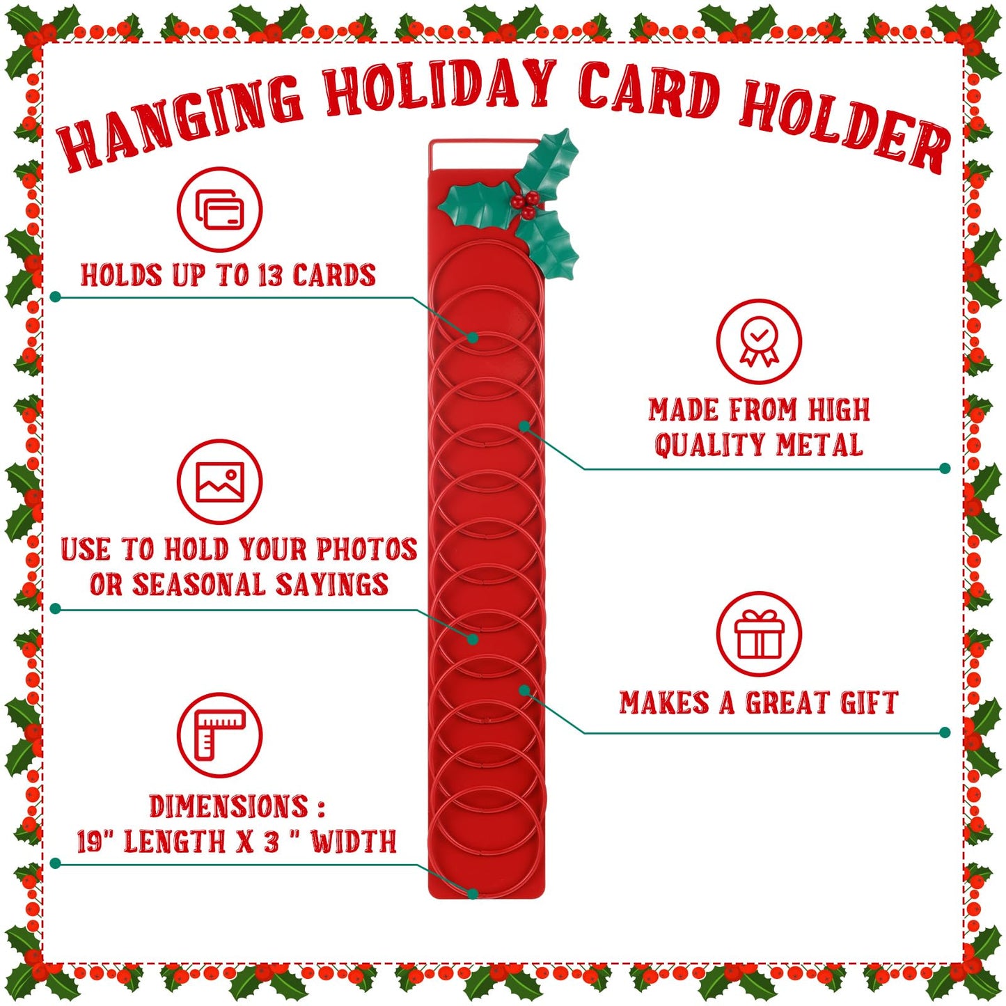 Sliner 2 Pcs Metal Christmas Card Holder 19'' Holly Christmas Card Display Hanging Vertical Photo Wall Hanging Decor for Home Office Xmas Party