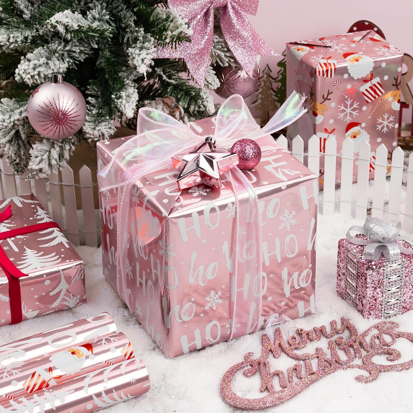 Burymento Christmas Wrapping Paper, Reversible Pink Christmas Tree, HO Santa Laughter, Snowflake, Reindeer, Design Gift Wrapping Paper Suitable for Holiday, Mini Roll (17 Inch X 120 Inch)