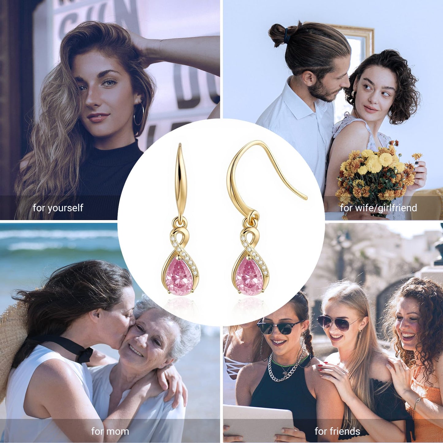 Infinity Birthstone Earrings 18K Gold Plated 925 Sterling Silver Teardrop Infinity Drop Dangle Earrings Pink Tourmaline Jewelry Birthday Gifts for Women Her Mother Wife