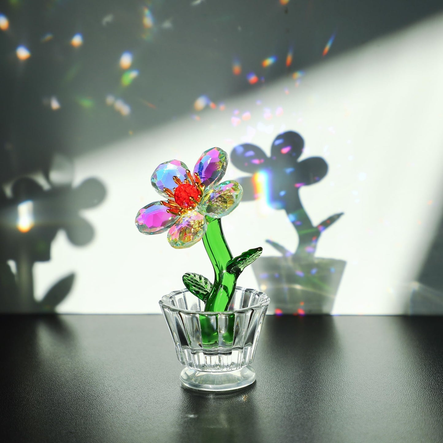 KRISININE Crystal Peach Blossom Mini Ornament Figurine 2.9 * 1.5in Glass Flower Decoration for Home Office for Mom