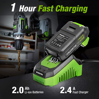 WORKPRO 20V Cordless Compact Drill Driver and Impact Driver, Combi Drill Including 2 x 2.0 Ah Li-ion Batteries, 1 Hour Fast Charger, 6 PCS Twist Drill Bits 10PC Screwdriver Bits