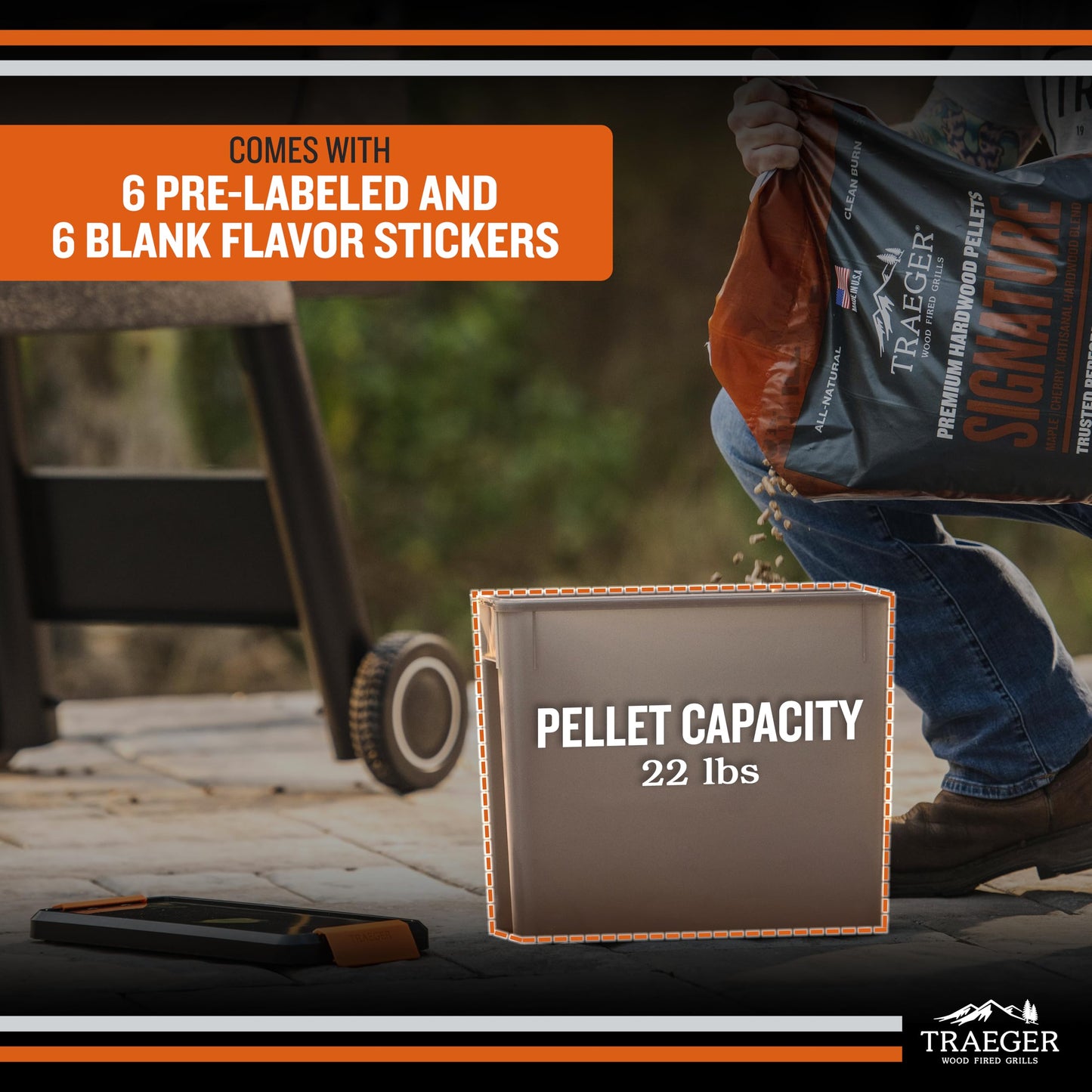 Traeger Grills BAC637 Stay Dry Pellet Storage Bin with Locking Lid, 22lb Capacity Wood Pellet Container with Flavor Stickers, Stackable Design, Airtight Storage for Grill Pellets