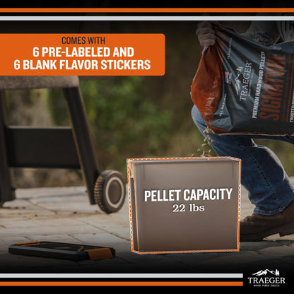 Traeger Grills BAC637 Stay Dry Pellet Storage Bin with Locking Lid, 22lb Capacity Wood Pellet Container with Flavor Stickers, Stackable Design, Airtight Storage for Grill Pellets