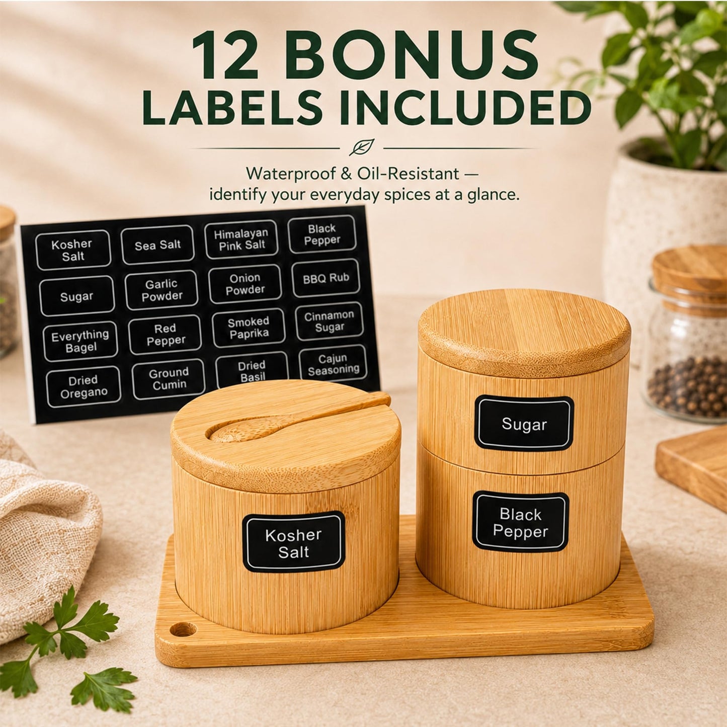Bamboo Salt Cellar Set with Tray, Single & Double-Tier Salt and Pepper Cellar with Spoon & Magnetic Swivel Lid, 16 Labels, Spice Containers for Salt, Sugar, Pepper, Spices, Kitchen Organizer 9OZ Each