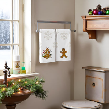 2 Pack Christmas Gingerbread Hand Towels 100% Cotton Jacquard Snowflake Embroidered Candy holiday Kitchen dish Towels Retro Neutral Beige Bathroom Towels Set gift Seasonal Xmas Winter Bathroom Decor