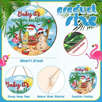 Blosssound 3 Pcs July in Christmas Decorations Summer Front Door Sign with Flaming Santa Beach Snowman Hawaiian Wooden Hanger Door Sign for Farmhouse Home Summer Xmas Decor Supplies