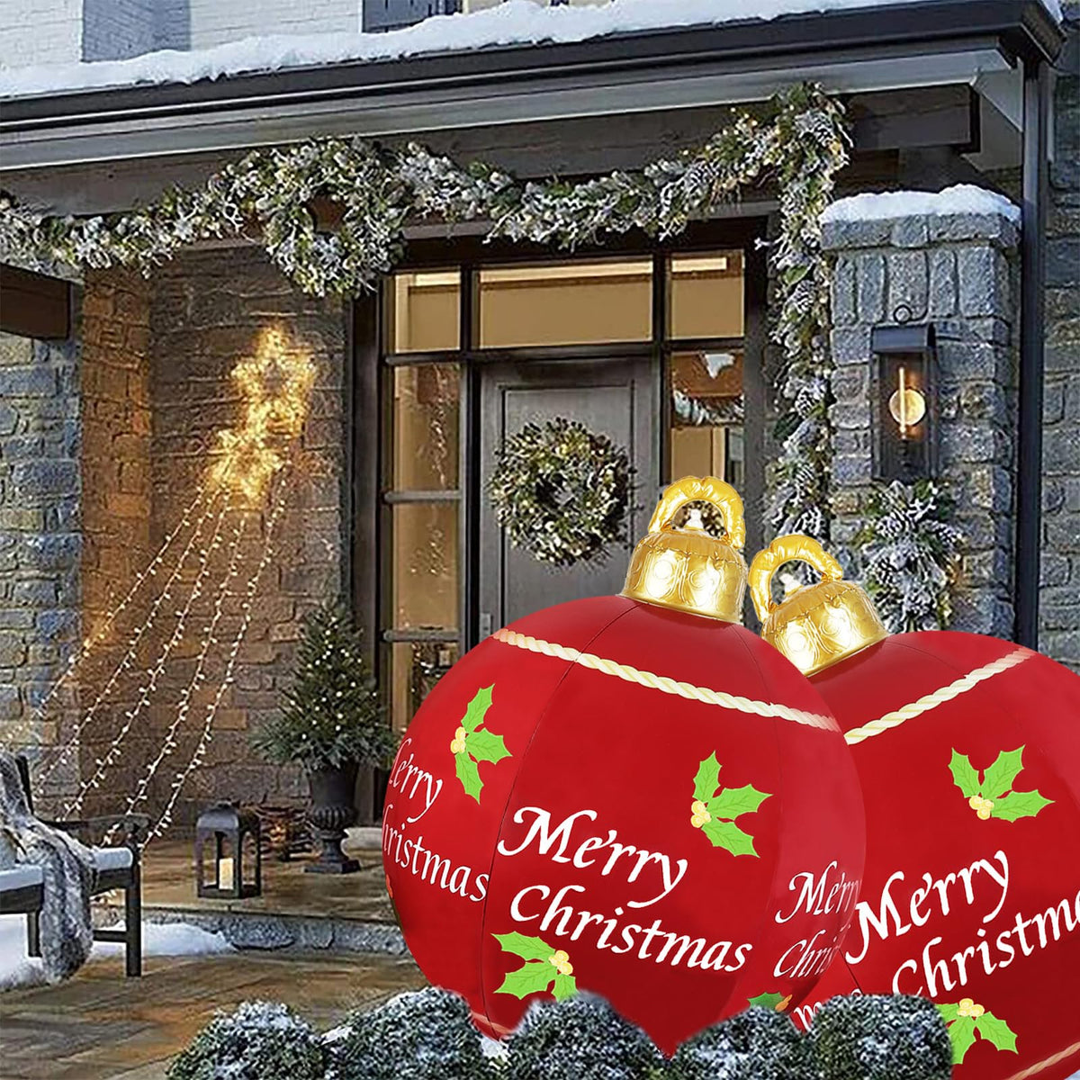 2 Pcs 24 Inch Christmas Giant Inflatable Ornaments Balls Outdoor, PVC large Christmas Hangable Blow Up Ball Decorations for Indoor Yard Porch Lawn (24" Red, 2)