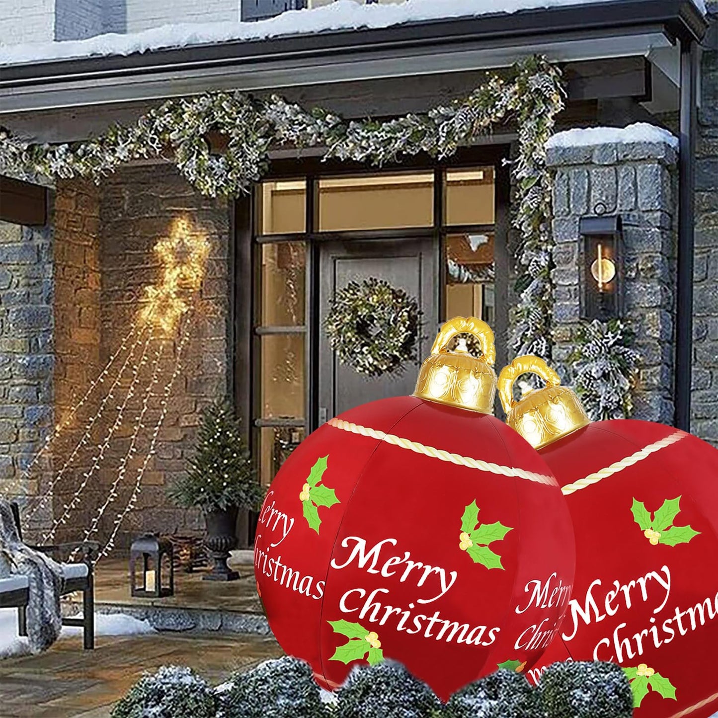 2 Pcs 24 Inch Christmas Giant Inflatable Ornaments Balls Outdoor, PVC large Christmas Hangable Blow Up Ball Decorations for Indoor Yard Porch Lawn (24" Red, 2)