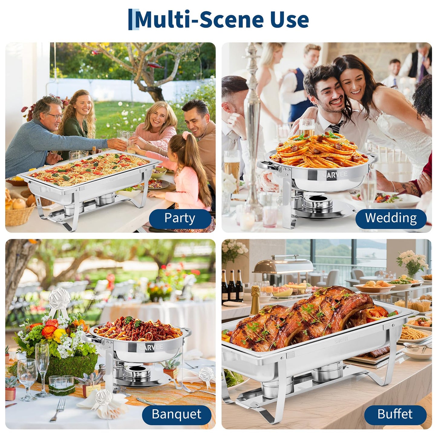 Garvee 4 Pack Chafing Dish Buffet Set, 8 Qt Rectangle & 5 Qt Round Stainless Steel Chafers and Food Warmer Sets with Lid, Food & Water Pan and Fuel Holder for Events, Parties & Holiday Catering