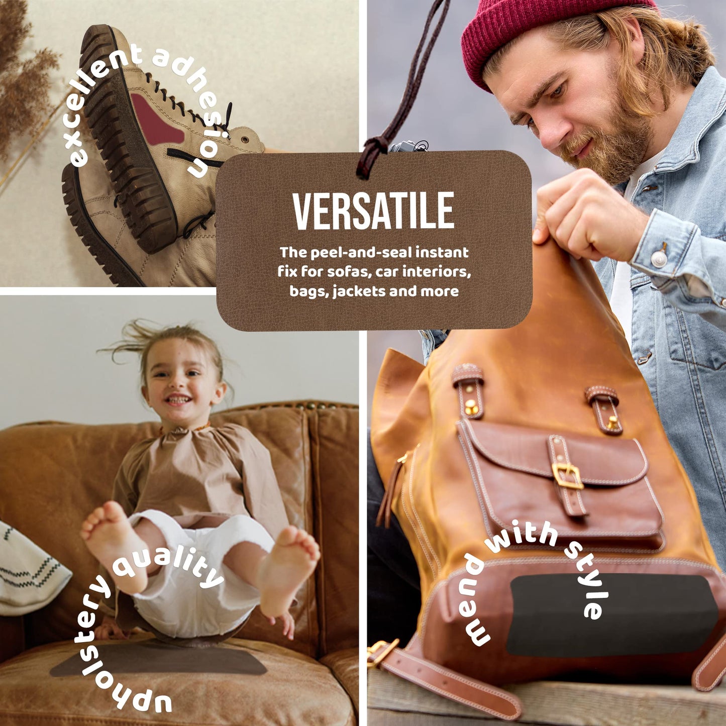 MastaPlasta Original Self-Adhesive Leather Repair Patch - Tan 150 x 10 cm (60 x 4in). Your Fast and Simple All-in-One Upholstery-Quality Leather Repair Kit for Sofas, Car Seats, Bags & DIY