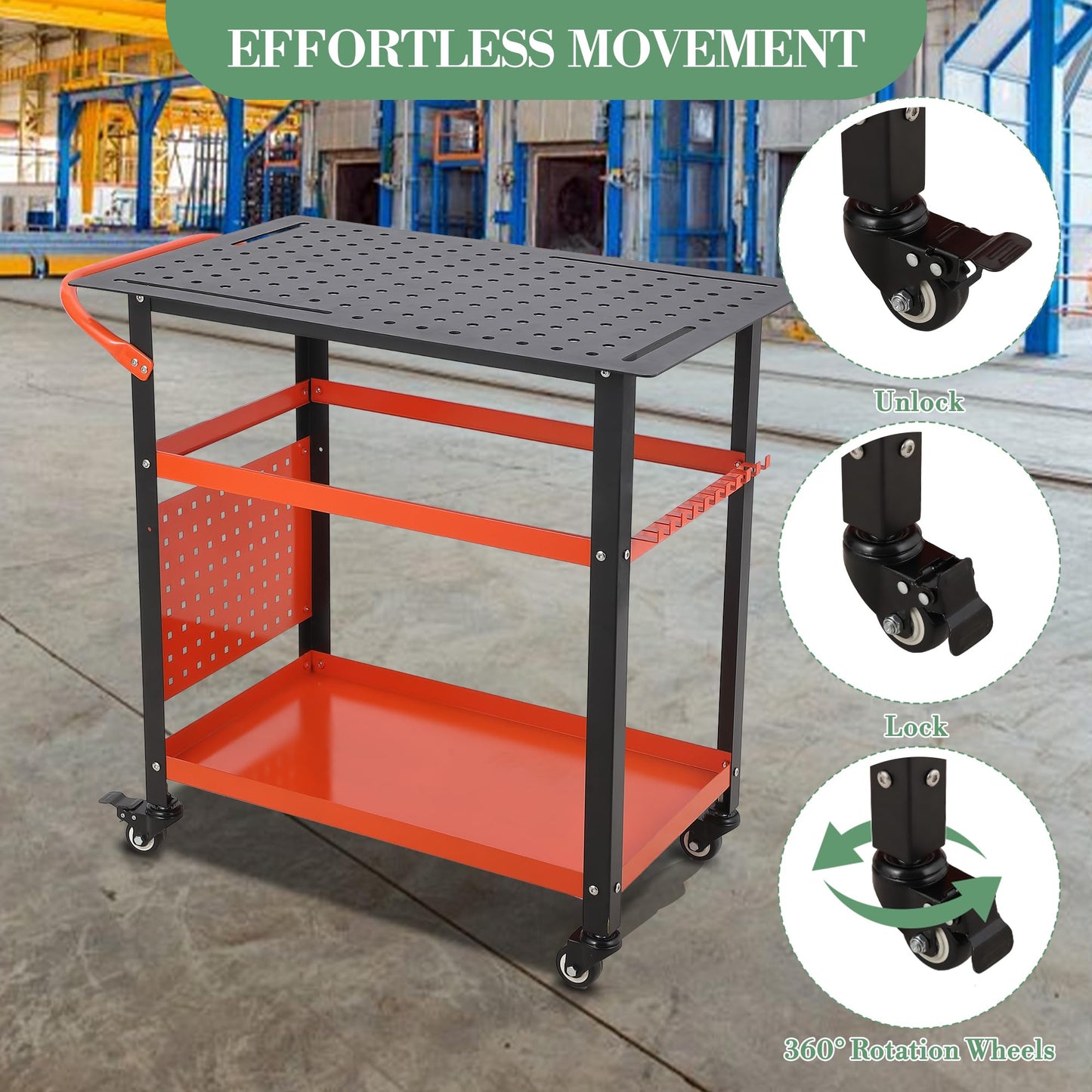 Orange Welding Tables with Wheels for Shop 36"x24", Steel Welding Workbench Table On Wheels, Portable Work Bench with Casters,Tool Slots, 5/8-Inch Fixture Holes,