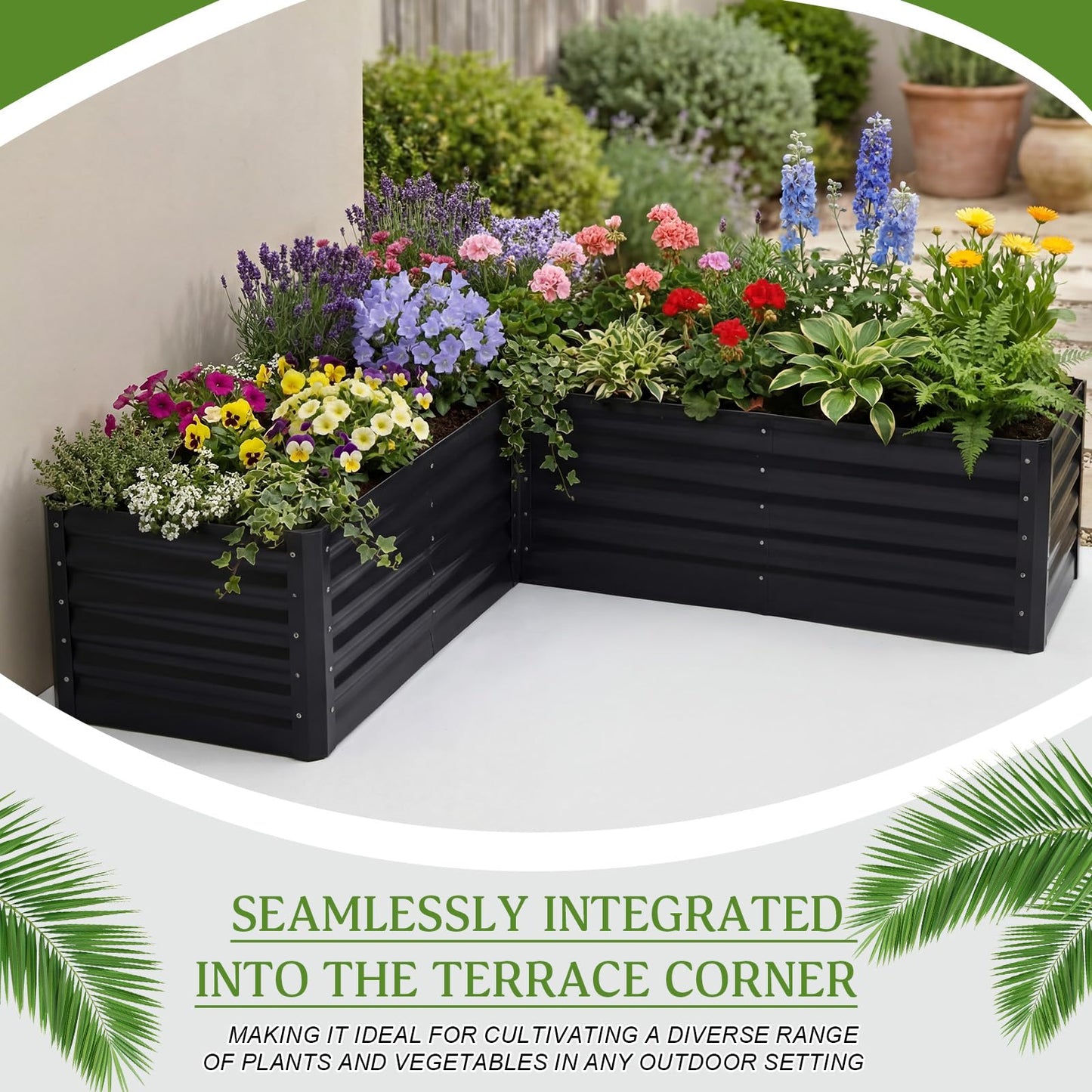 ElaraBerry 6.2x6.2x1.5 ft Raised Galvanized Garden Beds Outdoor L Shaped, Large Corner Metal Deep Root Planter Box with Gloves for Planting Vegetable Flower Herb, Anti Rust, Easy Setup, Gray (Square)