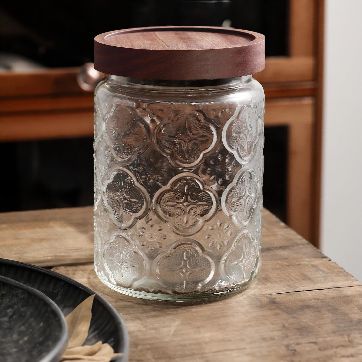 Custde Glass Storage Jars With Airtight Lid, 23.7oz Container For Kitchen Counter with Wooden Lid, brown sugar, candy, coffee, cookie, salt, tea, cute Jar (Begonia Flowers*2)