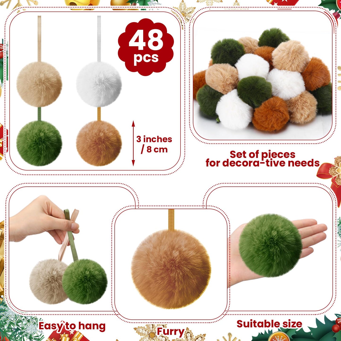 ShinyRelief 48 Pcs 3.1 Inch Neutral Furry Christmas Balls Ornaments Faux Fur Pom Poms Boho Christmas Tree Hanging Decoration for Party Supplies Holiday Office Fireplace Mantel Home Wall Decor