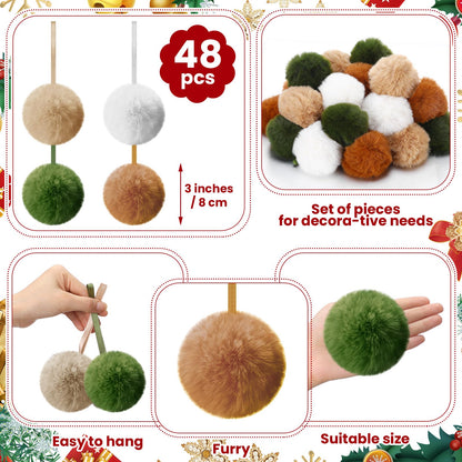 ShinyRelief 48 Pcs 3.1 Inch Neutral Furry Christmas Balls Ornaments Faux Fur Pom Poms Boho Christmas Tree Hanging Decoration for Party Supplies Holiday Office Fireplace Mantel Home Wall Decor