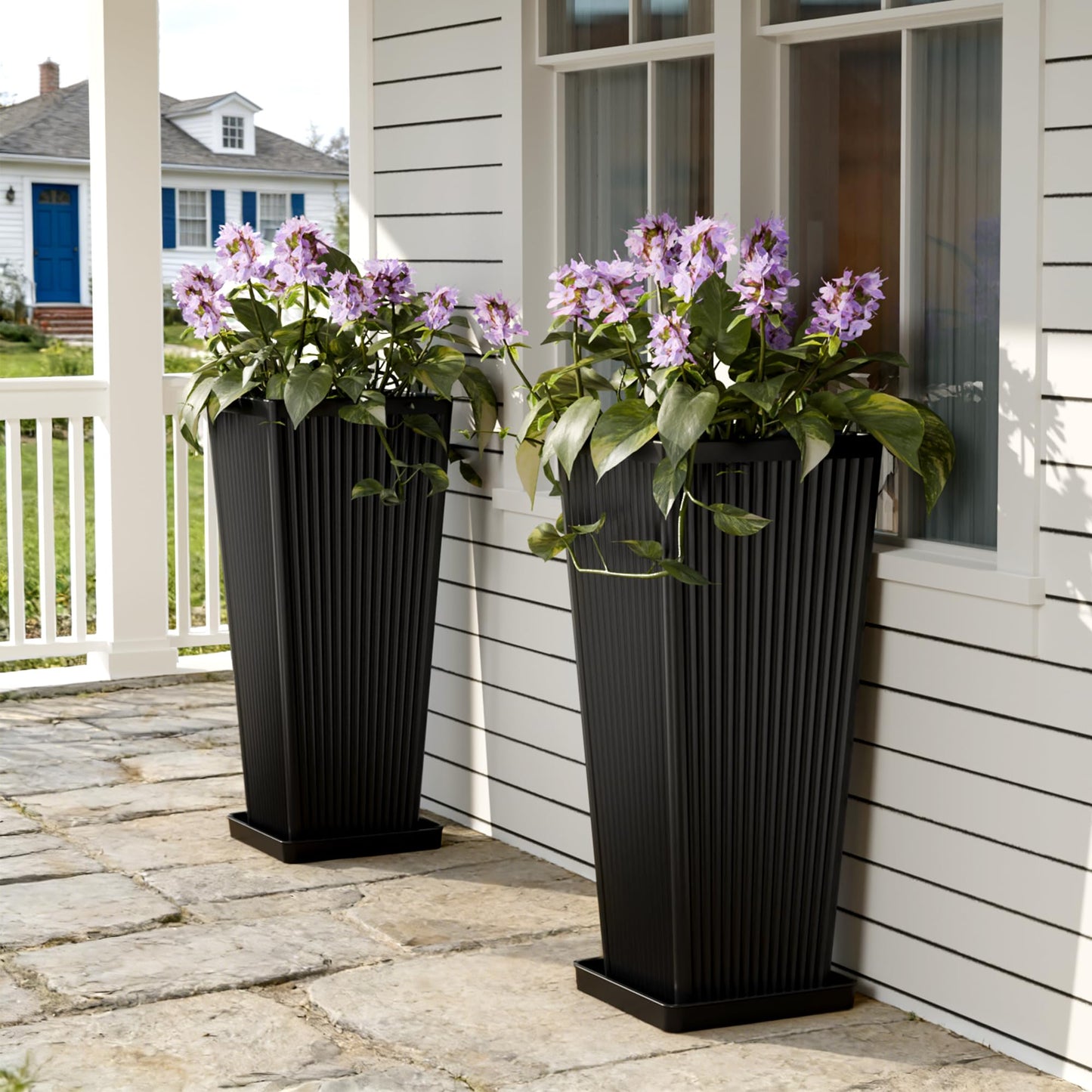 Trygoal Tall Black Planters Outdoor Set of 2-23.6" Modern Tapered Plastic Planters for Outdoor Plants with Drainage Holes/Partition/Tray, Large Indoor Planter for Porch Patio Garden Front Porch
