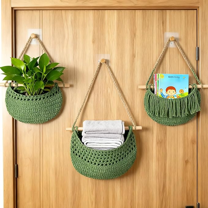 3 Tier Hanging Fruit Baskets for Kitchen, Boho Cotton Rope Handwoven Vegetable