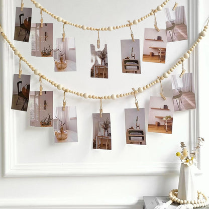2PCS Hanging Photo Display Wall Decor,Boho Wooden Bead Garland Picture Hanging String with Clips for Dorm, Bedroom, Living Room, Office Cubicle Decor, Art Display Hangers for Artwork