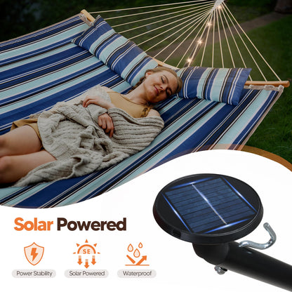 SUNCREAT Double Hammock with 12 ft Stand, Solar Powered Lights Included, Outdoor Hammock for Outside, Blue & White