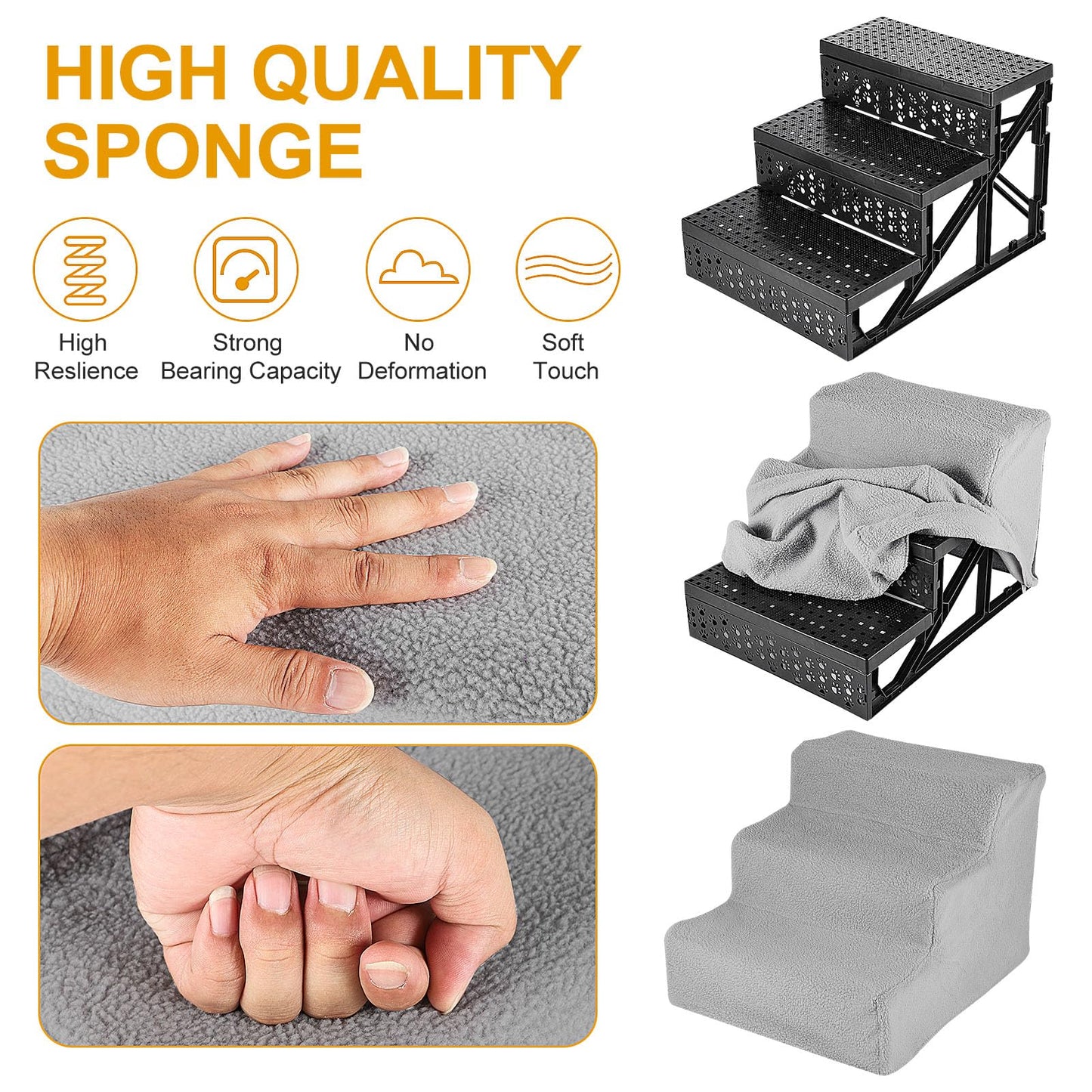 Youyijia Dog Steps 3 Steps Pet Stair Step for Bed 45x35x30cm Pet Stairs Pet Ladder with Washable Non Slip Plush Cloth Cover for Dogs and Cats (Grey)