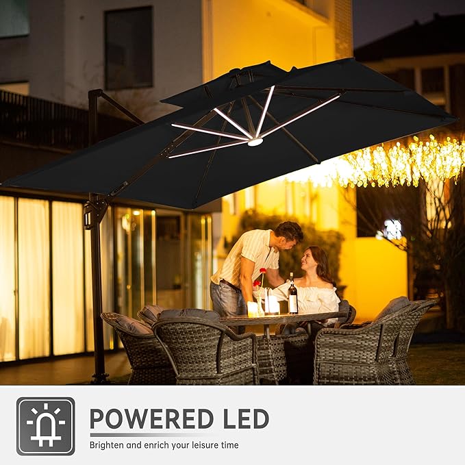 10 X 13 FT Cantilever Outdoor Patio Umbrella with Base Included Large Heavy Duty 360° Rotation Double Top Offset Rectangular Umbrellas with Led Lights for Backyard Outside Deck, Black