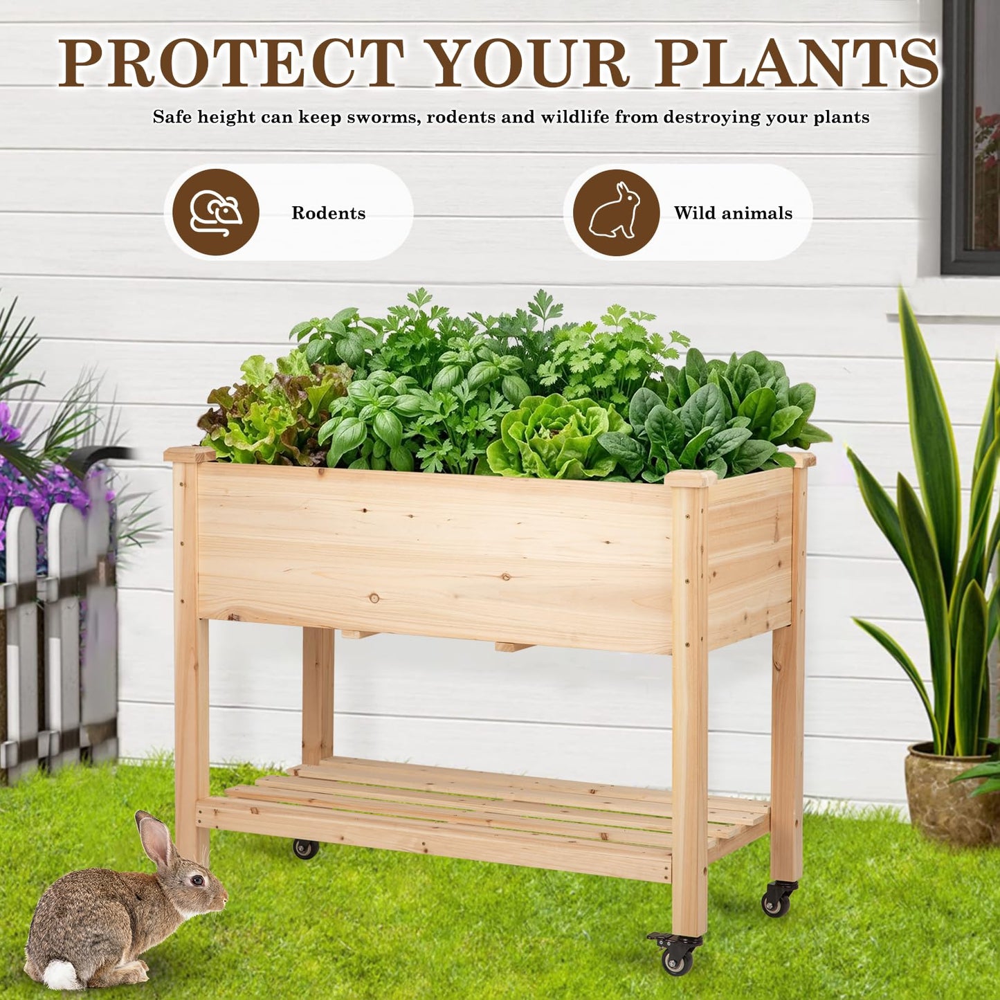 Nature Crafted Raised Garden Bed with Lockable Wheels, 40x24x32 inch Elevated Wood Planter with Storage Shelf Protective Liner for Vegetable Flower Herb Outdoor Balcony Patio Backyard, Natural