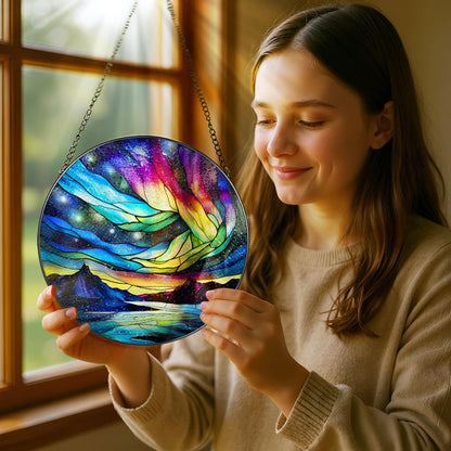 Stained Glass Window Hanging - 8 Inch Aurora Borealis Suncatcher for Window Doors Home Decoration, Valentine's Day Mother's Day Christmas Birthday Gifts for Women, Men, and Mom Grandma