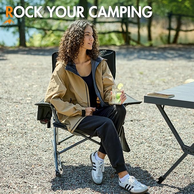 Portal Outdoor Rocking Chair Camping Folding Portable Rocker with Cup Holder Side Pocket Carry Bag, Support 350LBS (Mesh Black)