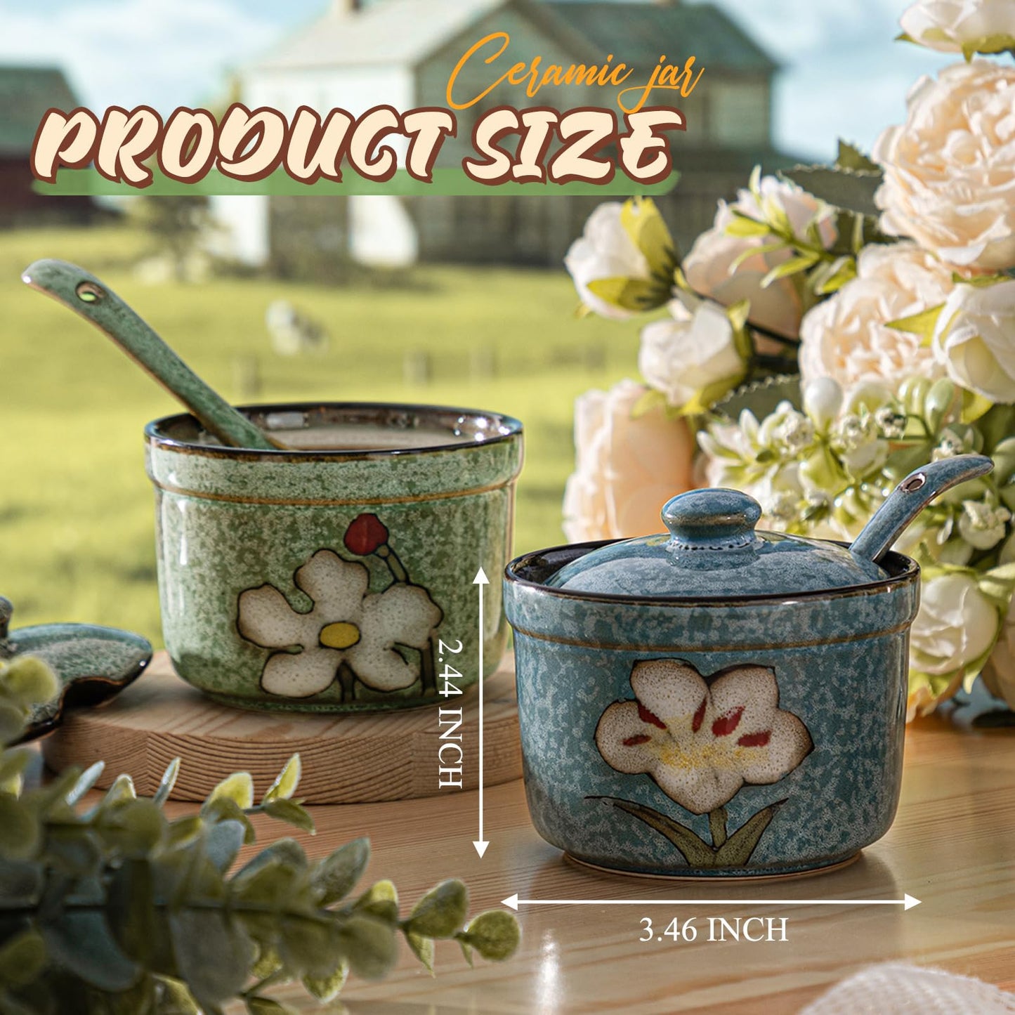Acellegic 2 Pack Retro Hand Painted Flower Ceramic Salt Pepper Cellar with Lid and Spoon, Heavyweight Round Sugar Spice Containers Porcelain Jar for Housewarming Gift, Artisan Kitchen Decoration