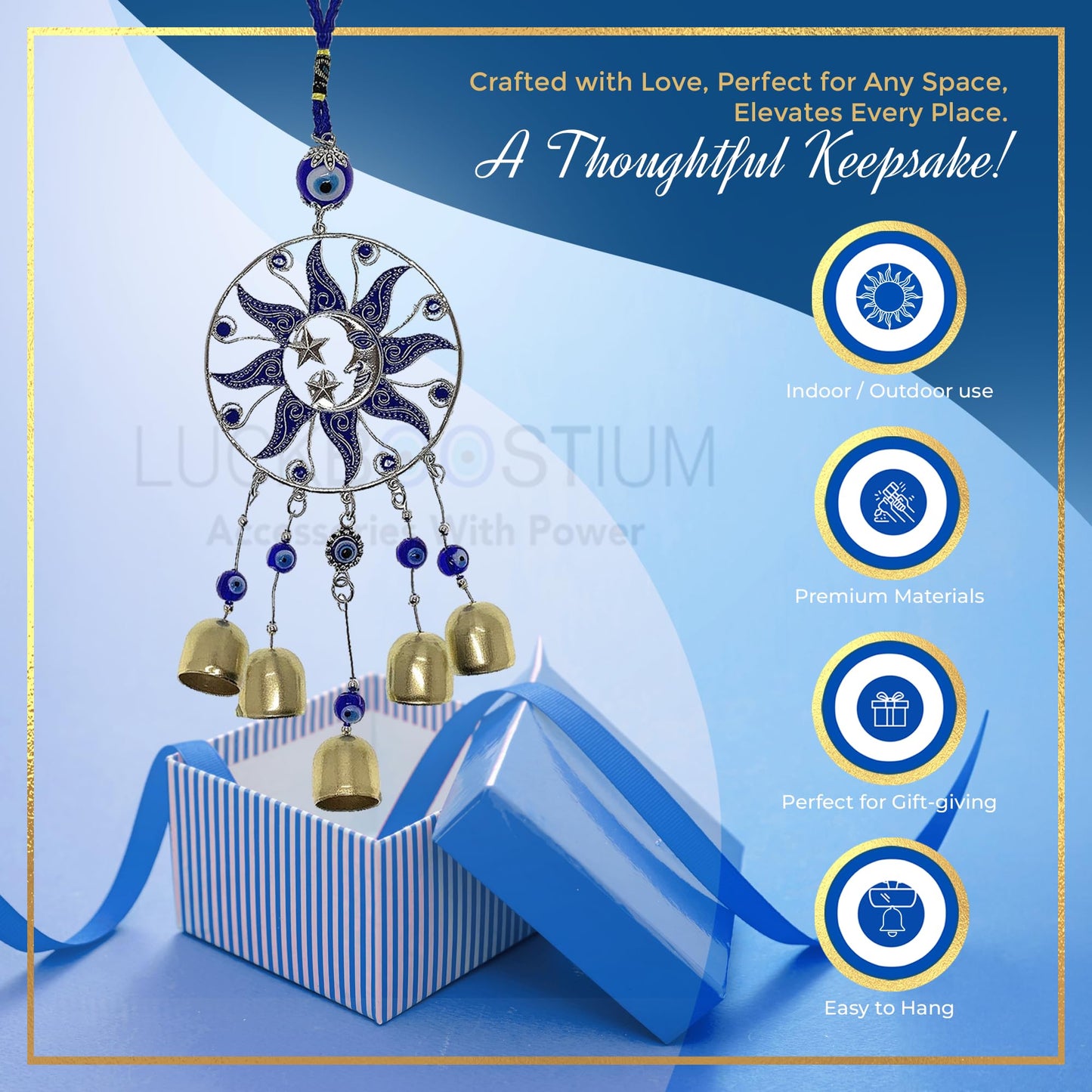 LUCKBOOSTIUM Sun, Moon & Star Ornament with Hanging Evil Eye and Bell - Protection, Blessing & Strength for Car Rear View Mirror, Home, Office Decor - Evil Eye Charm, Bell Car Mirror Hanging