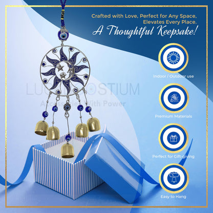 LUCKBOOSTIUM Sun, Moon & Star Ornament with Hanging Evil Eye and Bell - Protection, Blessing & Strength for Car Rear View Mirror, Home, Office Decor - Evil Eye Charm, Bell Car Mirror Hanging