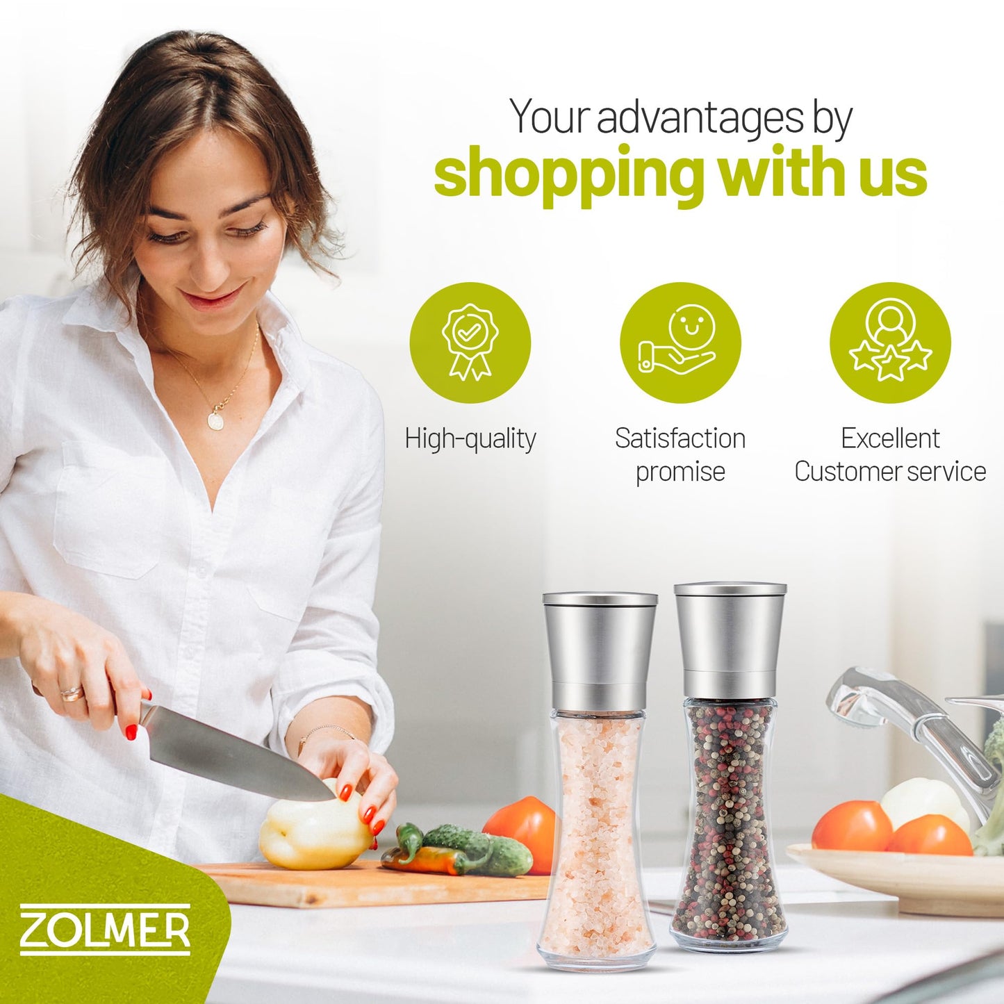ZOLMER® Premium Stainless Steel Salt and Pepper Grinder Set manual | Adjustable Ceramic Grinder for Salt and Pepper, Chili and more - Big Silver [No Spices Included]