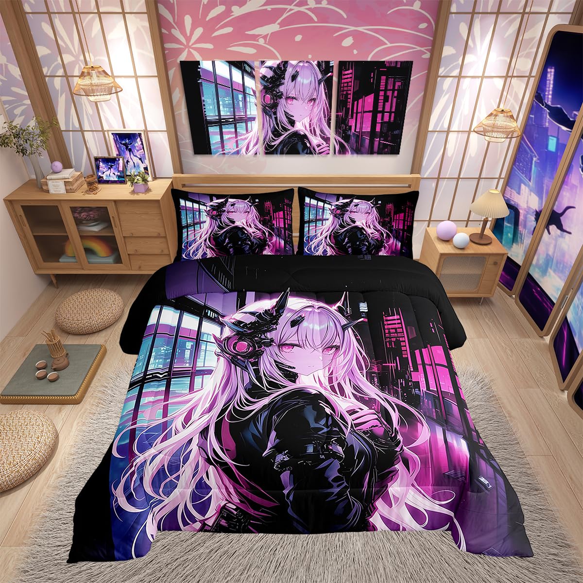 Erosebridal Japanese Anime Bedding Set Twin Size, Anime Girl Comforter Set Kawaii Japanese Style Duvet Insert Cartoon Japan Animation Quilt for Boys Teens Adult Women Bedroom Decor