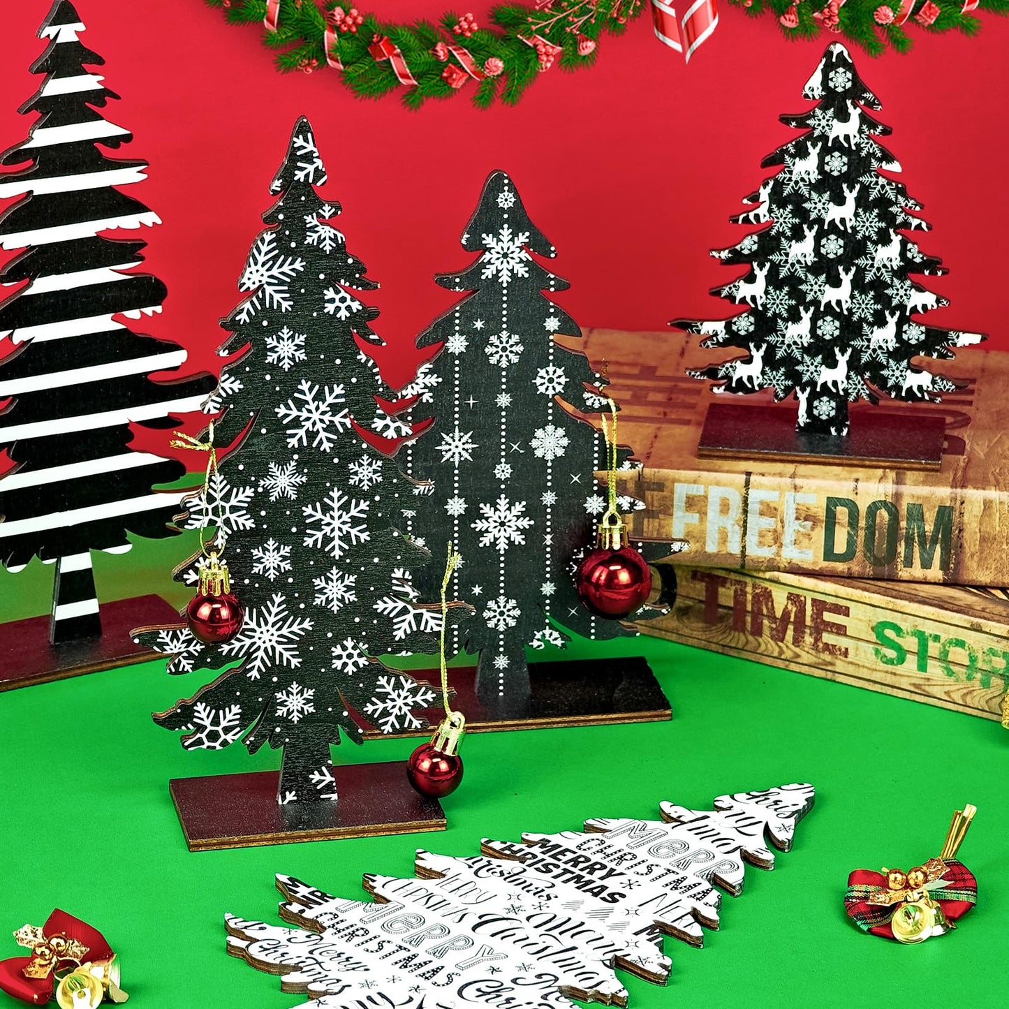Cinrobiye 8 Pcs Christmas Table Decorations, Black White Christmas Tree Tabletop Centerpieces Farmhouse Rustic Wood Xmas Trees for Home Mantel Fireplace Winter Holiday Party Supplies Decor (Black)