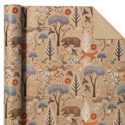 WRAPAHOLIC Kraft Christmas Wrapping Paper - Mini Roll - 17 Inch x 33 Feet - Christmas Animal Wrapping Paper and Tree Elements for Holiday, Party Celebration