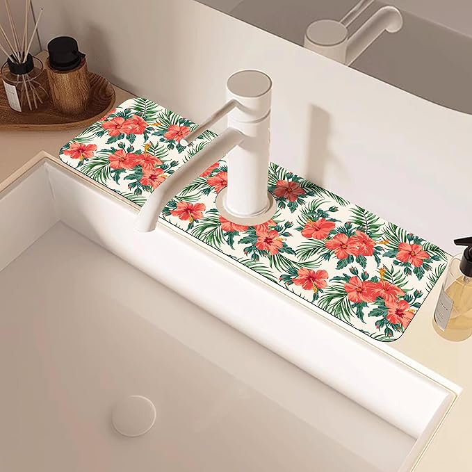 Tropical Leaves and Red Floral Kitchen Sink Splash Guard Mat Absorbent Fast