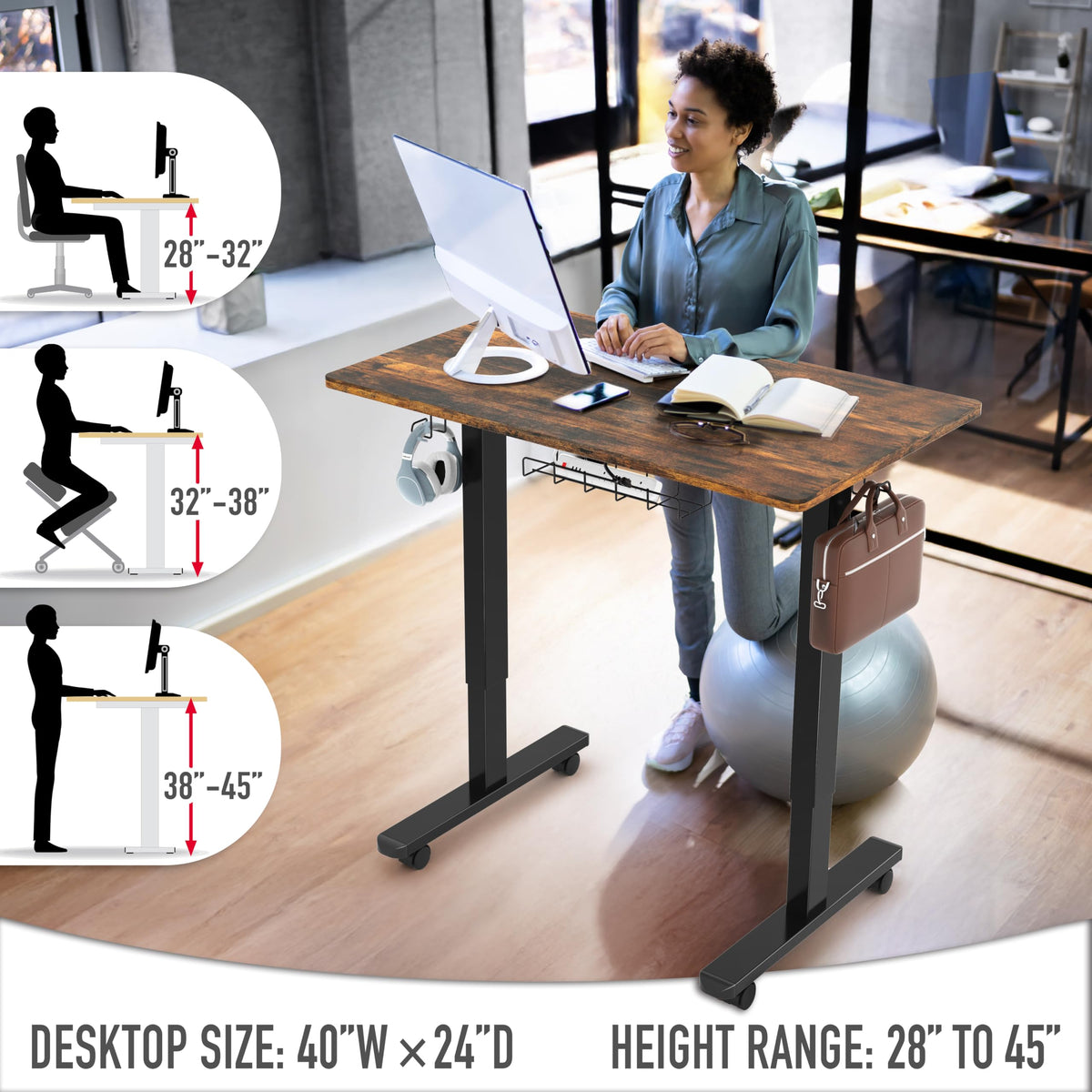 SHW 40-Inch Mobile Electric Height Adjustable Sit to Stand Desk with Drawer, Hanging Hooks and Cable Management, Rustic Brown