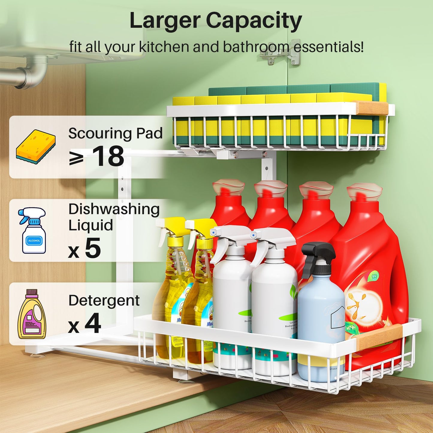 Under Sink Organizer, 2 Packs 2 Tier Under Sink Organizers and Storage, Slide out Pull out Cabinet Organizer Shelf, Metal Sliding Drawer for Kitchen Bathroom Pantry Cabinet Closet Organization Rack