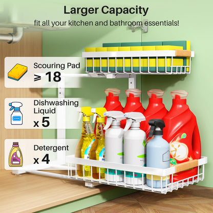 Under Sink Organizer, 2 Packs 2 Tier Under Sink Organizers and Storage, Slide out Pull out Cabinet Organizer Shelf, Metal Sliding Drawer for Kitchen Bathroom Pantry Cabinet Closet Organization Rack