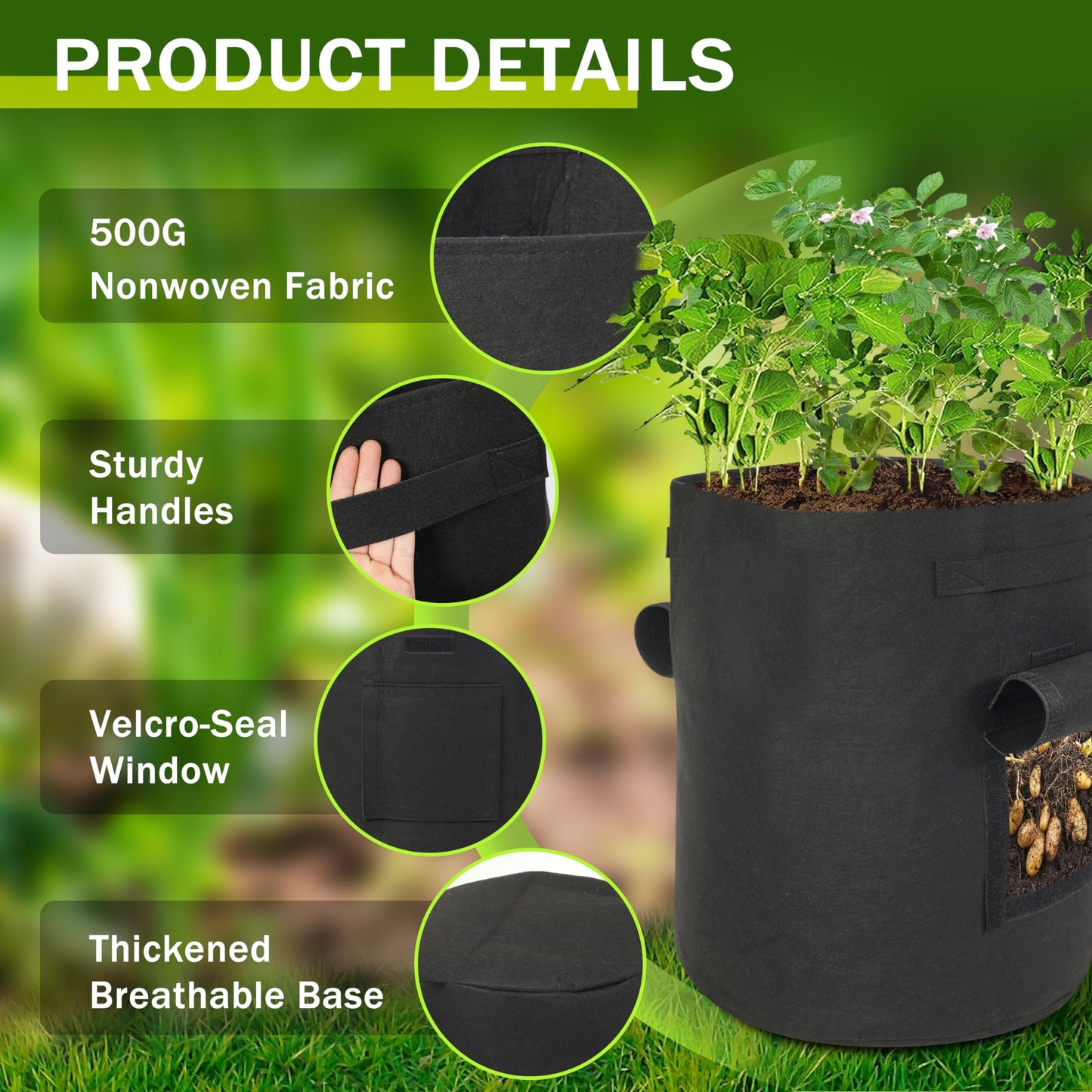 SORANGEUN 4-Pack 15-Gallon Grow Bags with 2 Flaps and Reinforced Handles,Non-Woven Potato Grow Bags, Heavy-Duty Thickened Aeration Fabric Pots for Potatoes, Tomatoes, Flowers, and Vegetables