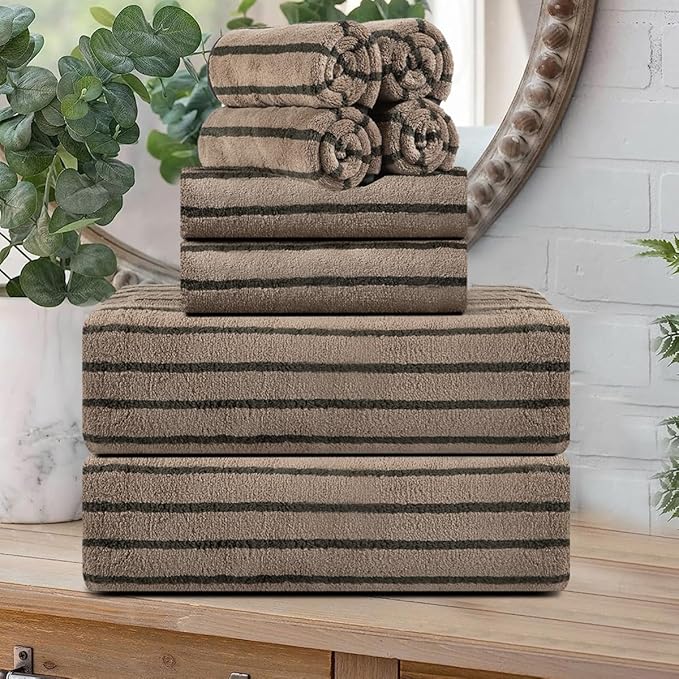 8 Pcs Polyester Brown Cabana Stripe Large Bath Towel Set-2 Bathroom Towels