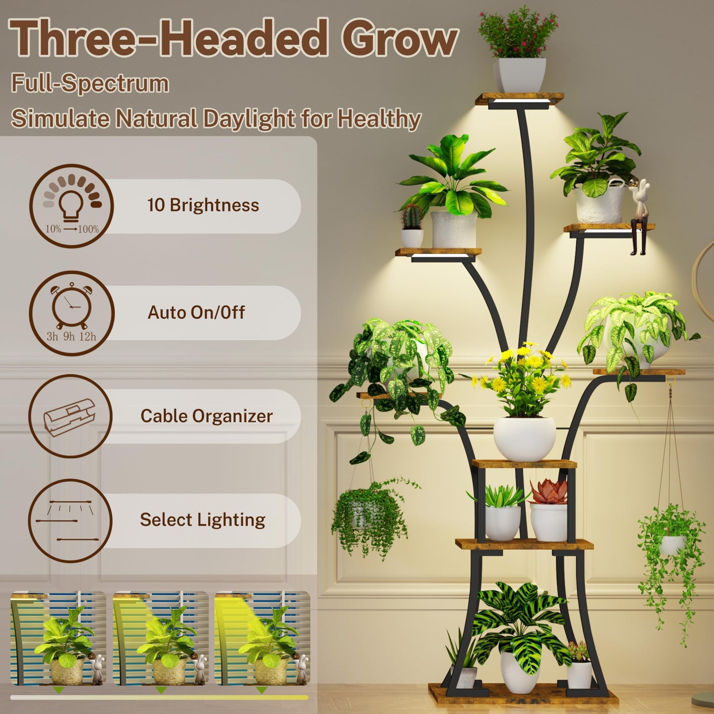 YIIHEERR 64" Tall 8 Tiered Plant Stand Indoor with Grow lights Large Tree Shape Decorative Rack Plant Pot Holder Gardening for Living Room Corner Black