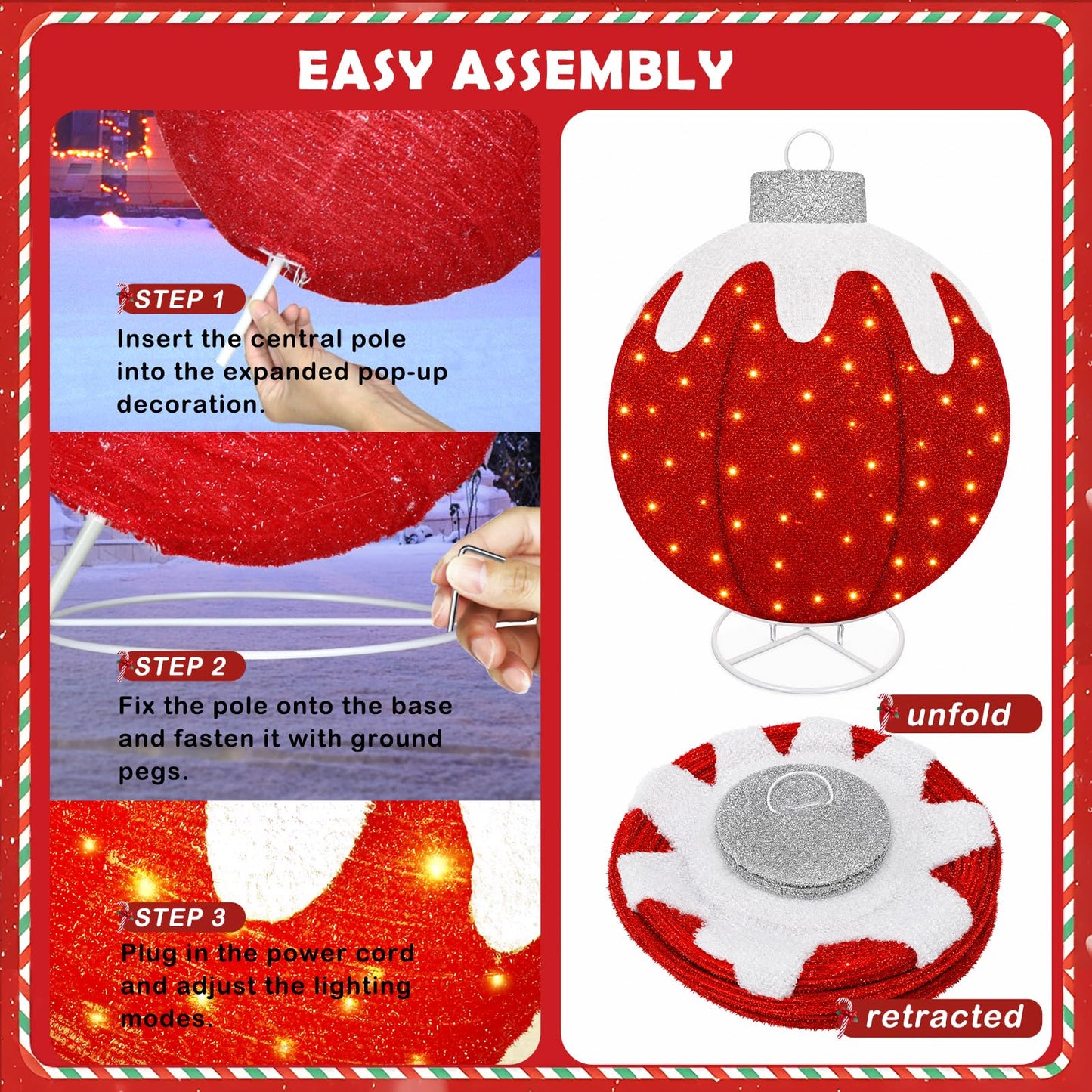 Outdoor Christmas Ball Ornaments, Collapsible Pop-Up Lighted Christmas Decorations with 80 Bright LED Lights, 8 Light Modes, Weatherproof Pre Lit Large Holiday Ball Decor for Yard, Lawn, Home（Red）