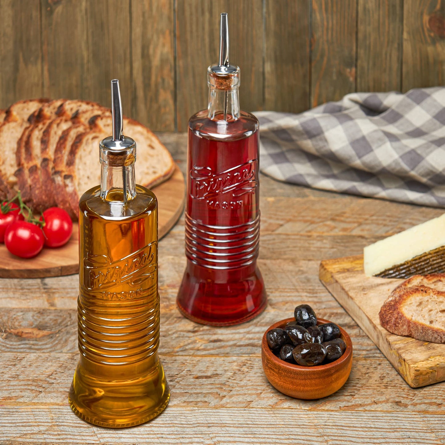 MosJos Original Mason Oil and Vinegar Dispenser Set - 17 oz Glass Olive Oil & Vinegar Cruet Set - Non-Drip, BPA-Free, Dishwasher Friendly Bottles with Stainless Steel Spouts