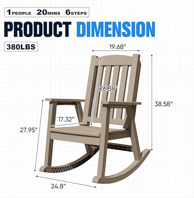 Devoko PP Material Rocking Chair Outdoor Indoor All Weather High Back Patio Rocker for Adult Heavy Duty Rocking Chair for Patio Backyard Porch Garden (Heavy Duty, Light Brown)